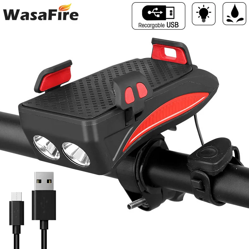 USB Bicycle Lights Multi-function Bike Horn Phone Holder Powerbank 4 in 1 Cycling Front Light Lamp for Night Riding