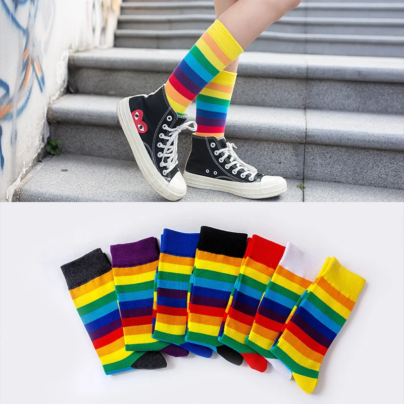 

1pair Combed Cotton Fashion Hip Hop Man woman unisex Socks Harajuku striped colorful rainbow sox Skateboard Happy Funny Sokken