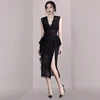 Sexy Sleeveless V-neck High Waist Women Black Lace Dress Female Vintage Ruffles Split Summer Evening Party Dress With Belt ► Photo 2/6