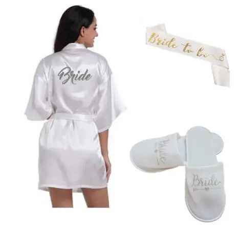 

3pc set of bride satin robe slippers bridal sash peignoir women Bridal Party sparkle glitter sliver dressing gown