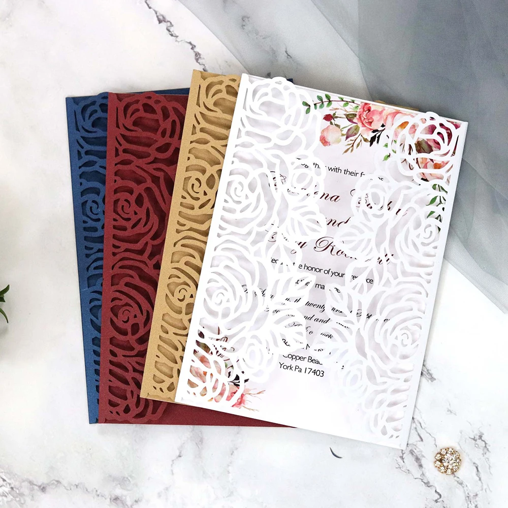 10pcs/set European High-end White Wedding Invitation Card Laser Cut Floral Glittering Engagement Ba - 4.00023E+12