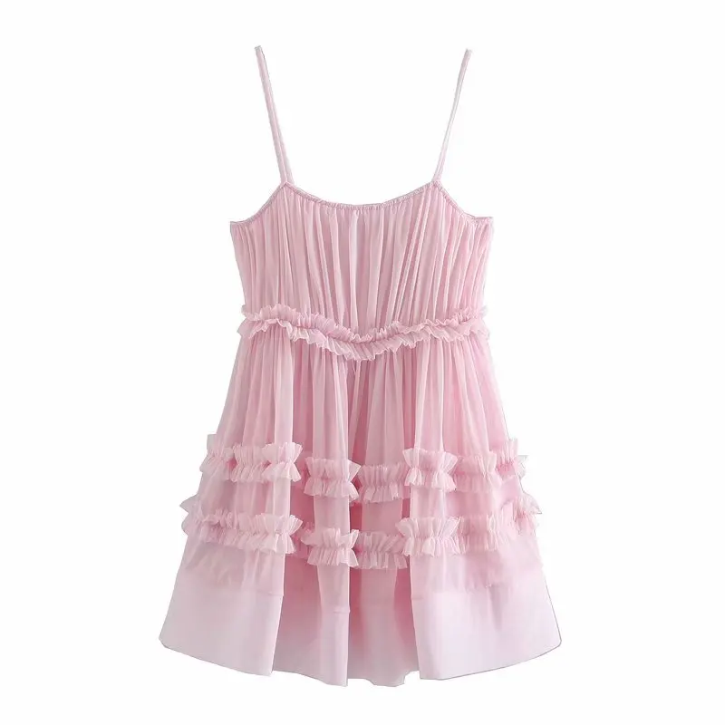 2020 Women sweet agaric lace patchwork pink sling Dress Female spaghetti strap ruffles Vestidos Chic casual Mesh Dresses DS3742 2020 Women sweet agaric lace patchwork pink sling Dress Female spaghetti strap ruffles Vestidos Chic casual Mesh Dresses DS3742