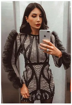 

Nice Sexy Dress O neck Black Praid MIni Long Sleeve Slim Dress Night Party Dress