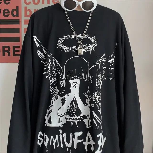 QWEEK Harajuku Gothic Angle Print T-shirt Women's 2021 Streetwear Long Sleeve Black Tops Alt Clothes Pastel Mall Goth Trendy Black