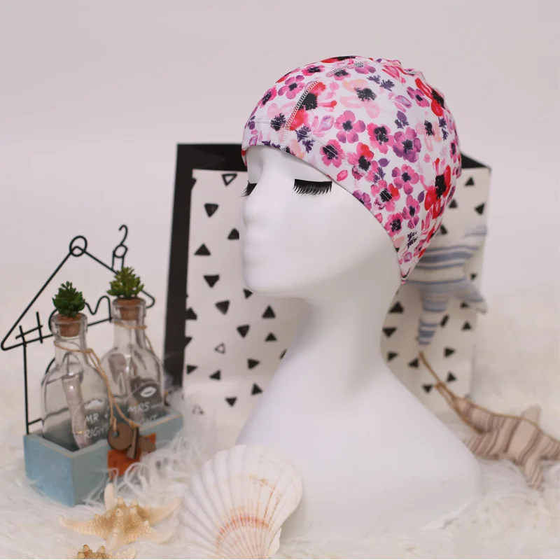 Flower Print Fabric Swimming Cap Swiming Pool Protect Long Hair Ears Hat Swim Bathing Hats Caps for Women Men Adults Ladies Hat