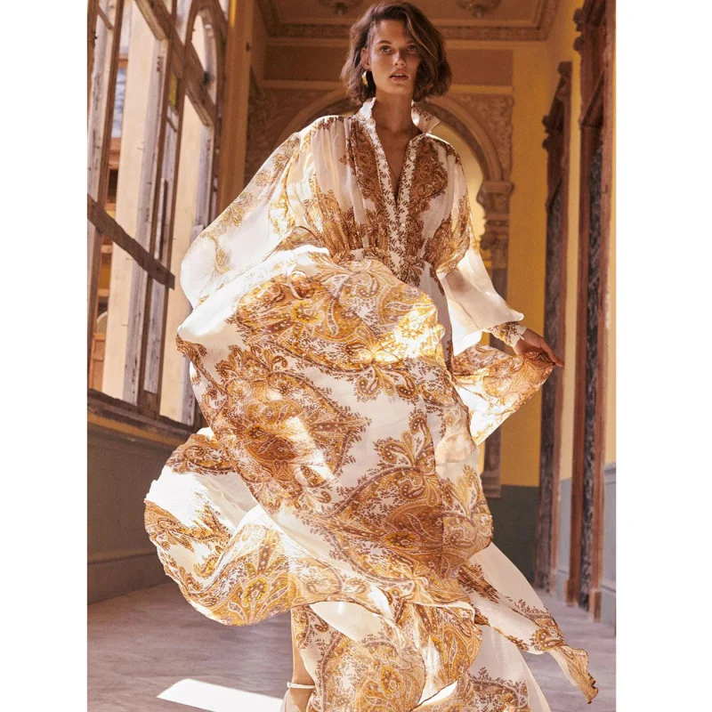

Elegant Women Dress Round Neck Long Loose Dress Bohemian Maxi Dress Long Sleeve Floral Silk Linen Dress