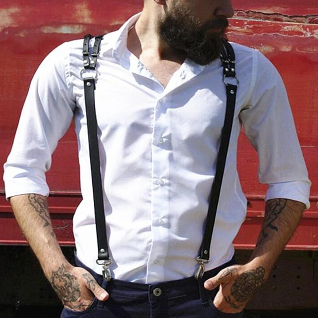 Mens Artificial Leather Suspenders Y-Back Double Shoulders Braces Hooks Belt