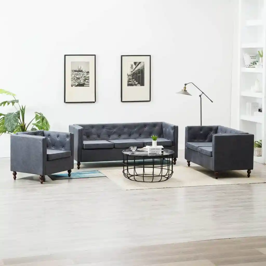 

Modern 3Pcs Chesterfield Couches for Living Room VidaXL 7 Seater Sofa Set for Large House Upholstered In Gray Fabric Sofas Set