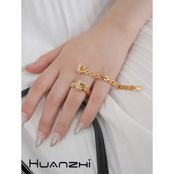 

HUANZHI 2020 New Trendy Punk Individuality Rhinestones Inlay Golden Belt Buckle Metal Adjustable Rings for Women Party Jewelry