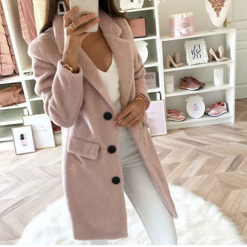 03 Pink Женское Смешанное Пальто 5XL осень зима отложной воротник Длинная шерстяная куртка пальто свободного покроя размера плюс женский кардиган верхняя одежда ветровка - Цвет: 03 Pink
