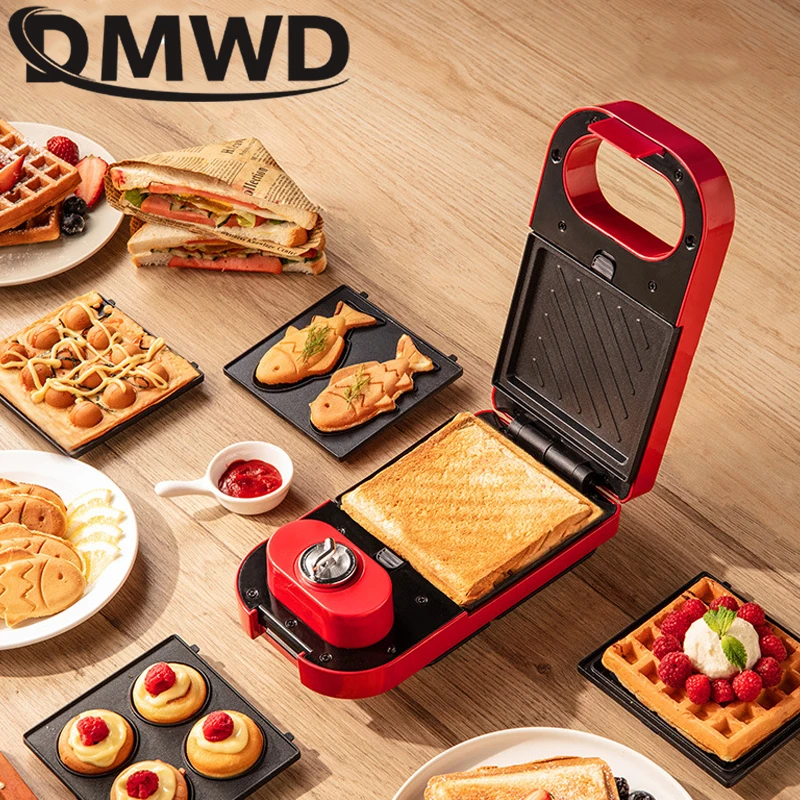 DMWD Electric Sandwich Maker Timing Waffle Maker Breakfast Toaster Donut Baking Machine Multifunctional Egg Takoyaki Cake Oven