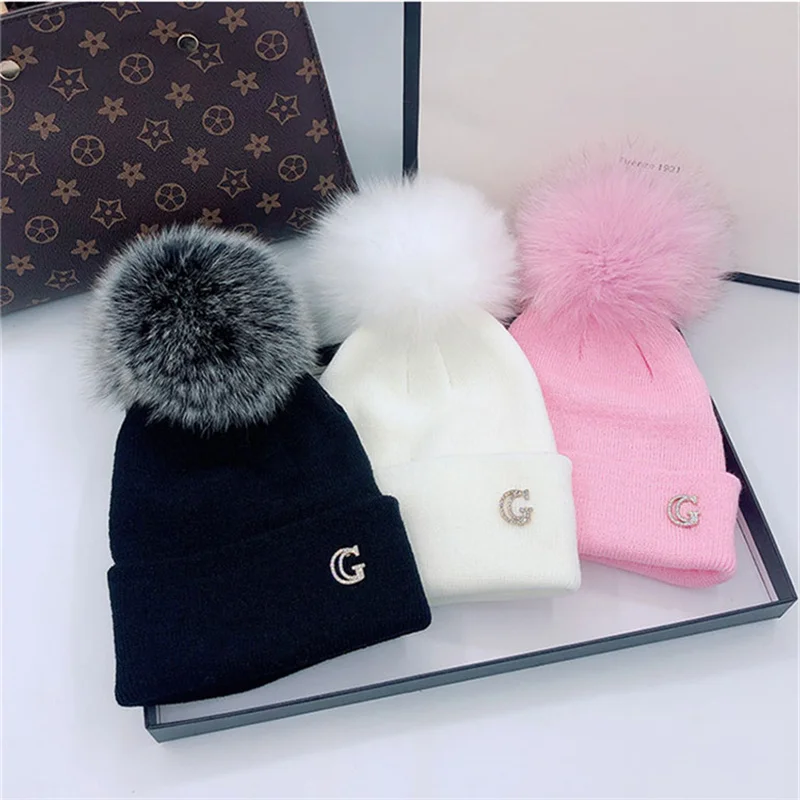 

Fox Pompom Hat 100% Real Big Ball Fur Skullies Winter Natural Fox Pompon Cap Women Fluffy Fox Fur Pom Pom Knitted Beanies Hats