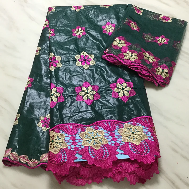 Фуксия и абрикосовый цвет узор с бисером 5 ярдов Базен Riche и 2 ярдов чистая кружевная ткань PB60 темно-зеленая африканская восковая кружевная ткань