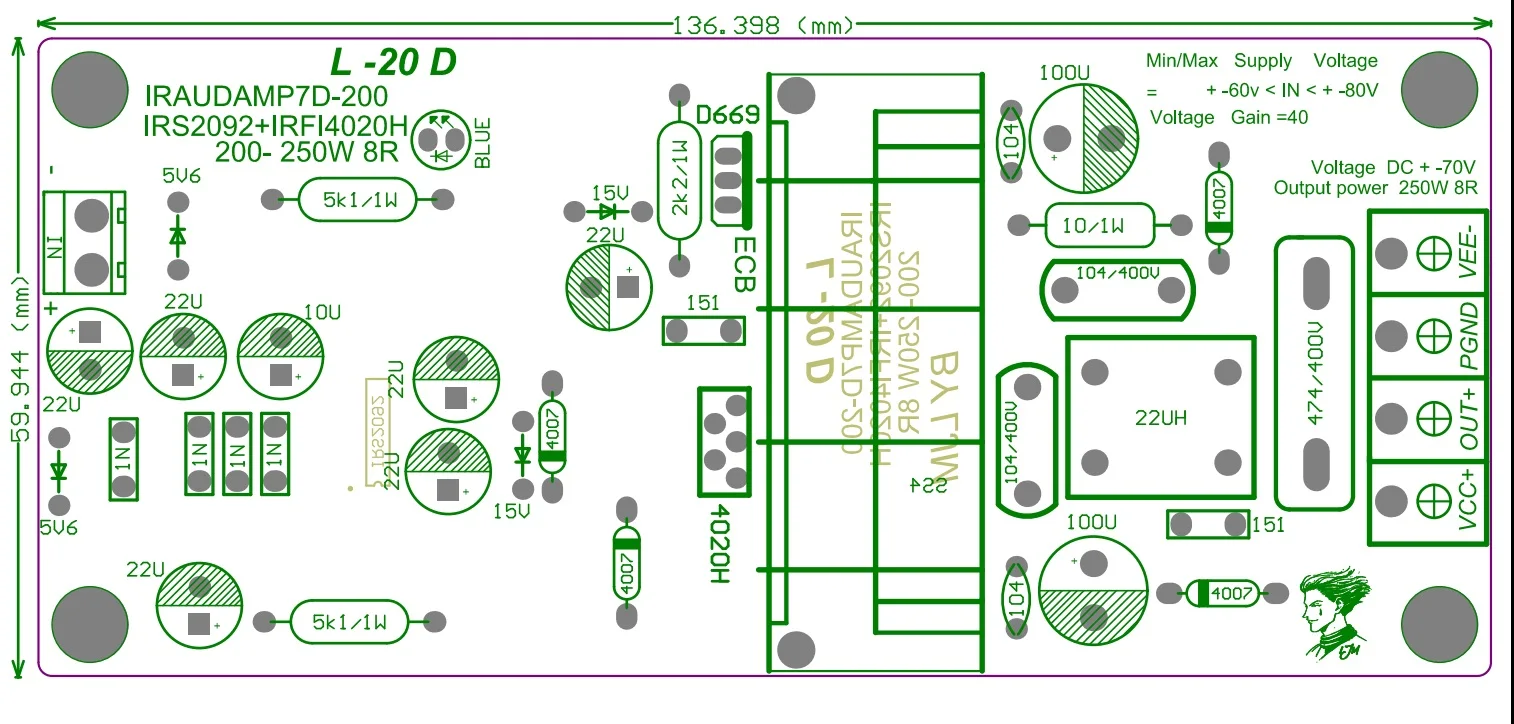 de amplificação l25d iraudamp9 irs2092 irfb4020 250w * 2 8ohm