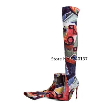 

2019 European Graffiti Mixed Color Stretch Fabric Women Over-the-knee Boots Pointed Toe Slip-on Thin Heel Elastic High Boots