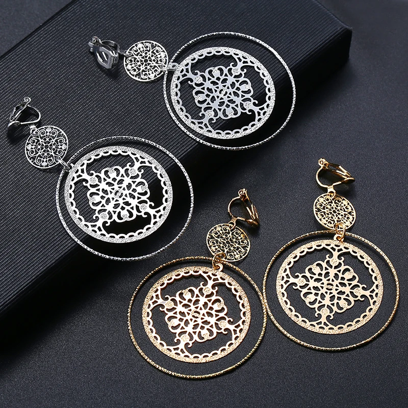 Hollowed Dsic Textured Round Clip on Earrings No Piercing Big Circle Hoop Ear Clips For Women Girl Party Gift Jewelry ear clip earrings clip earrings ear clip hoop earrings ear accessories