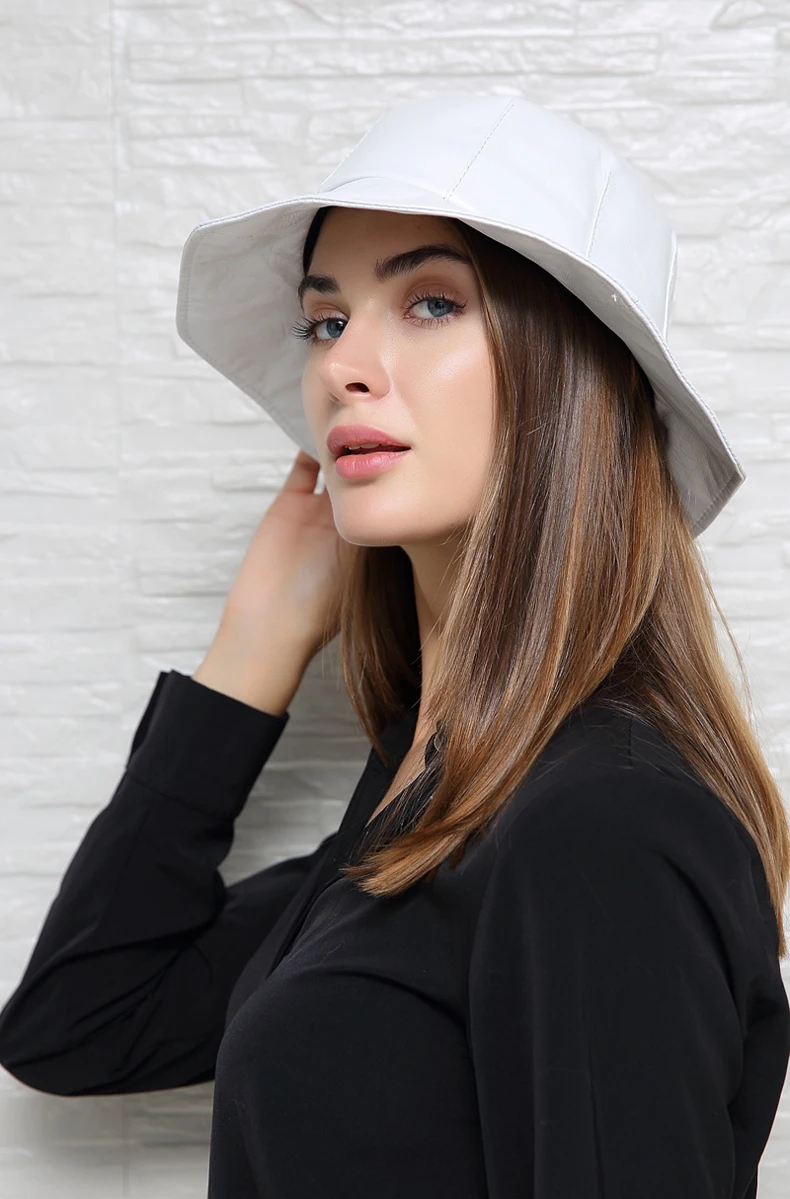 Waliicorners British Bud Shape Big Brim Basin Caps White Fisherman Top Fedoras Genuine Leather Hat For Women 9 描述6