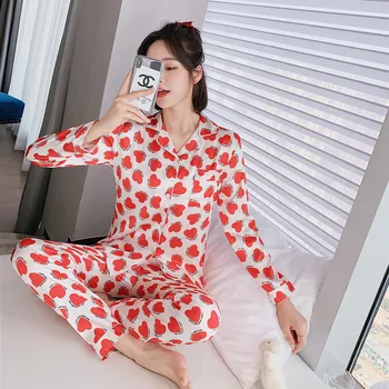

Silk Pajamas for Women Pyjama Satin Femme Night Peach heart Print long sleeved top and pants Women's Home Suit Simple Sleepwear