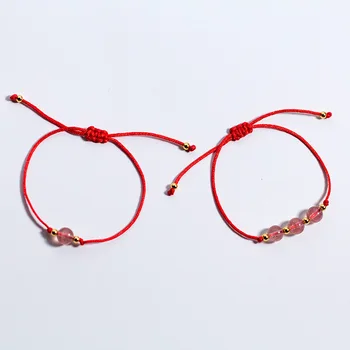 

925 Real. Sterling Silver jEWELRY Natural strawberry quartz Stone /Rose Quartz Red Cord Chain Bracelet with Round Bead GTLS484
