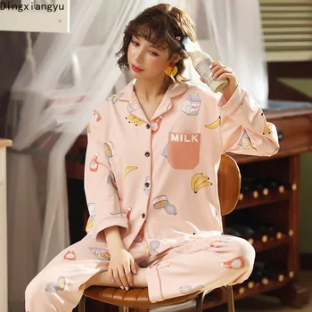 

Pajamas Women's Cotton Long-sleeved Spring Cardigan Loose Casual Cartoon Daily Wear Suit Autumn Women's Pajamas Home Service