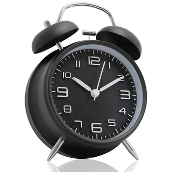 

4 inch Twin Bell Alarm Clock Metal Frame 3D Dial with Backlight Function Desk Table Clock for Home & Office black