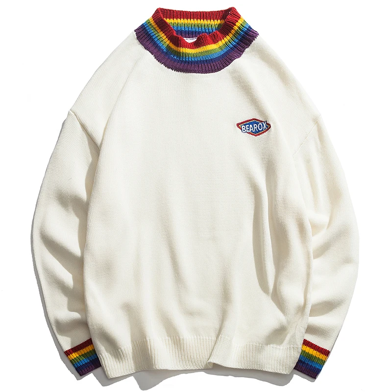 Knitted Sweaters Pullovers Rainbow-Collar Streetwear Harajuku Men Winter Casual Patch-Design