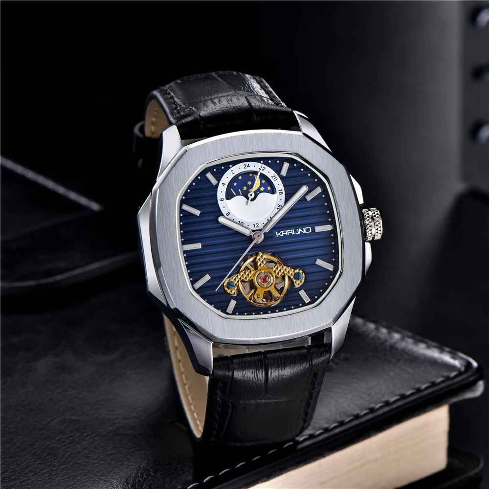 Men Watches Clock Mechanical-Watch Moon-Phase KARUNO Square for Mens Fashion