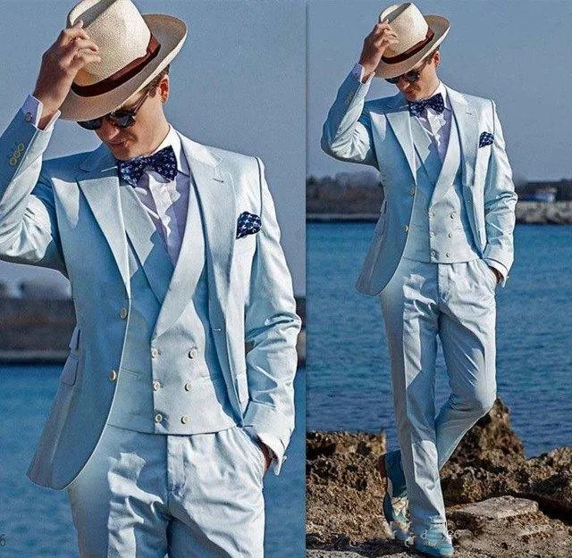 Classic Two Buttons Light Blue Groom Tuxedos Notch Lapel Groomsmen Blazer Mens Wedding Suits(Jacket+Pants+Vest）