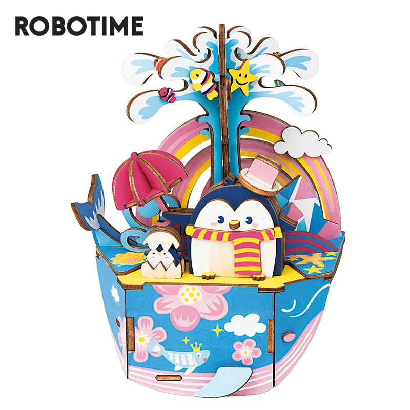 Деревянная игра головоломка Robotime DIY 3d с пингвином подвижная музыкальная шкатулка