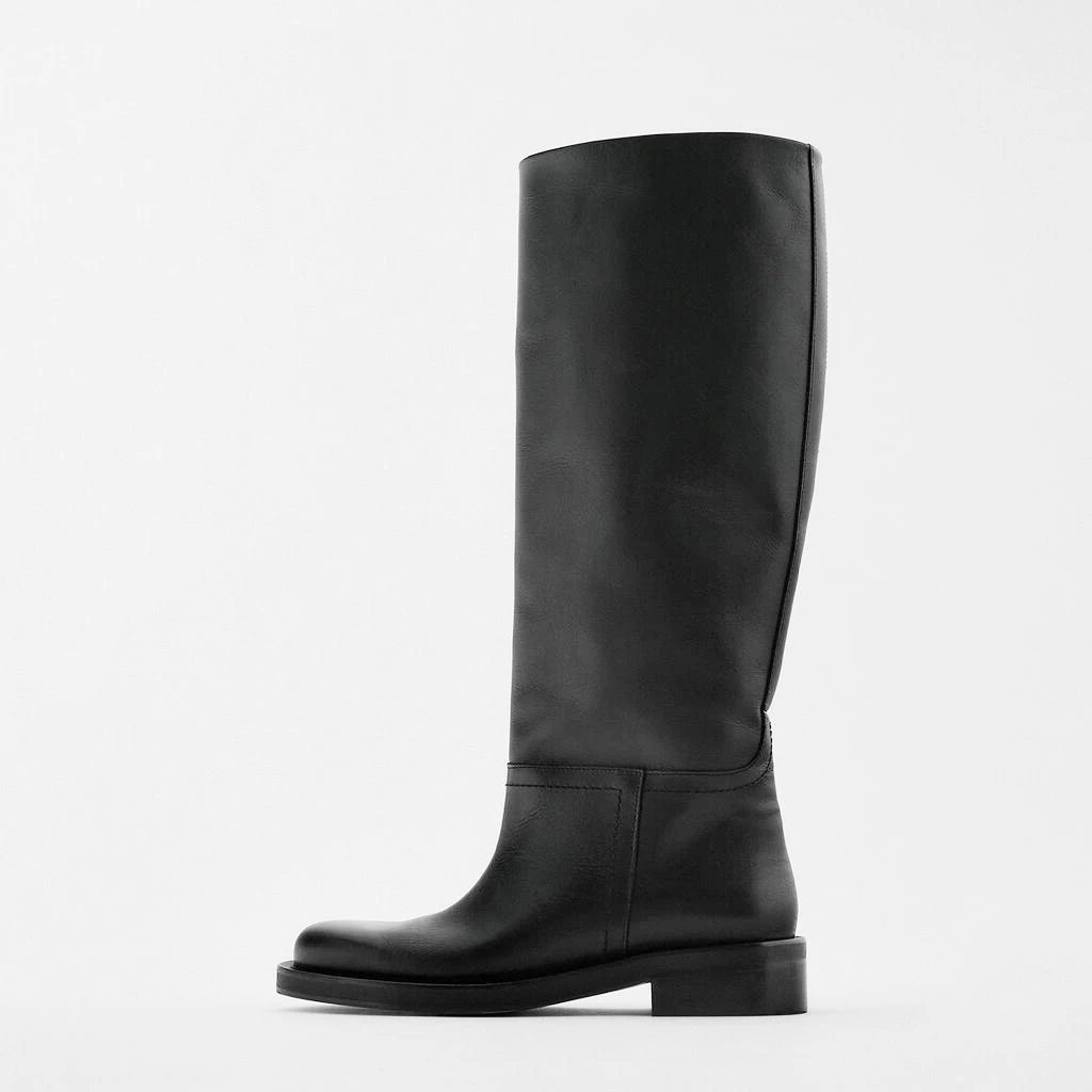 QUTAA Women Knee High Boots Full Cow Leather Med Heels Woman INS Office Lady Motorcycle Boots Long Winter Shoes 34-40