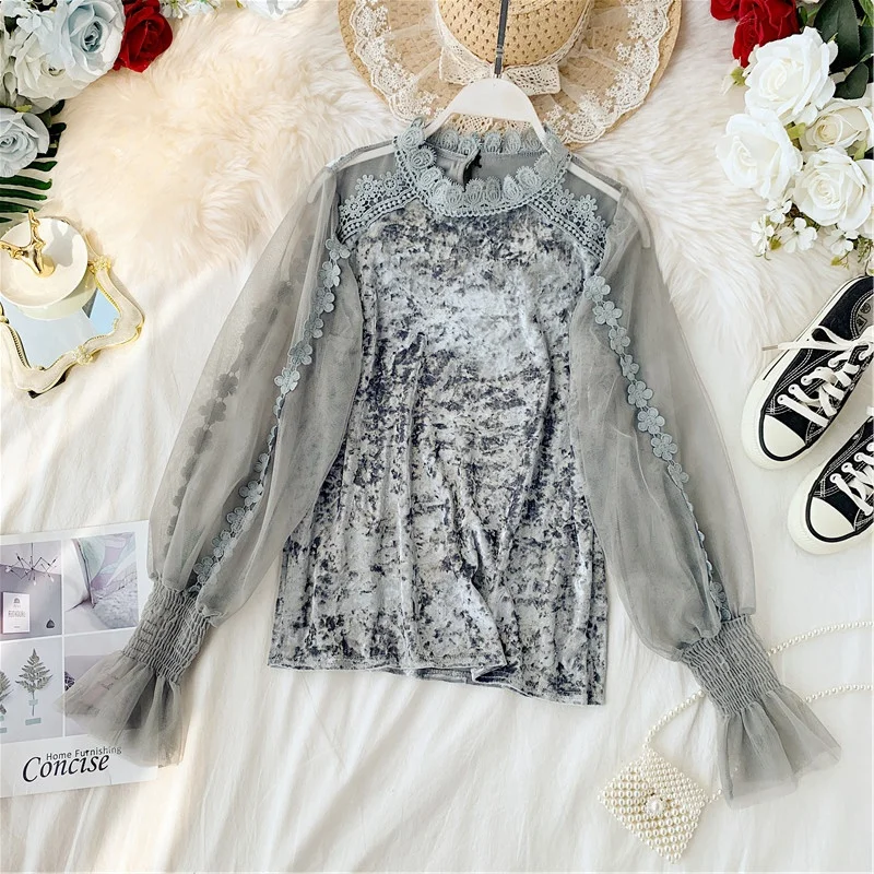 

Women Velvet Blouse Crochet Flounce Lace Long Sleeve Regular Thin Bottoming Blouse Shirt Ladies Casual Pullover Suit Tops