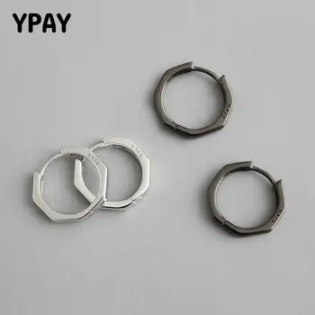 

YPAY 100% Pure 925 Sterling Silver Earring Korean Vintage Black Plated Geometric Octagon Hoop Earrings for Women Jewelry YME501
