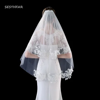 

Short Elegant Lace Edge Wedding Veil Luxury Tulle White and Begin Wedding Bridal Veil with Comb