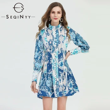 

SEQINYY Bohemia Dress 2020 Early Spring New Fashion Design Women Long Sleeve High Quality Blue Flowers Printed Mini Dress