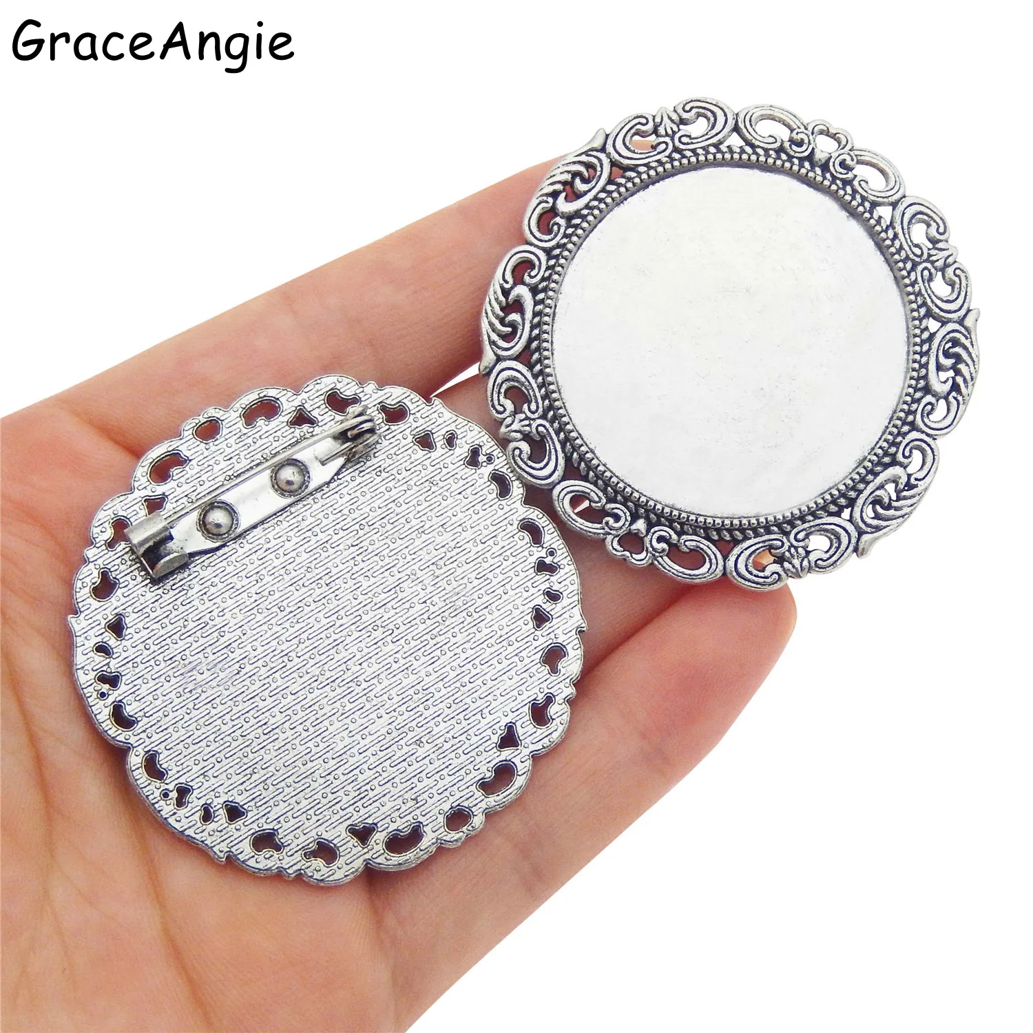 

5pcs/pack Vintage Women Antiqued Silver Tone Alloy Flower Round Lace Cameo Cabochon Set Base Tray Pin Brooches 35mm Blanks Tray