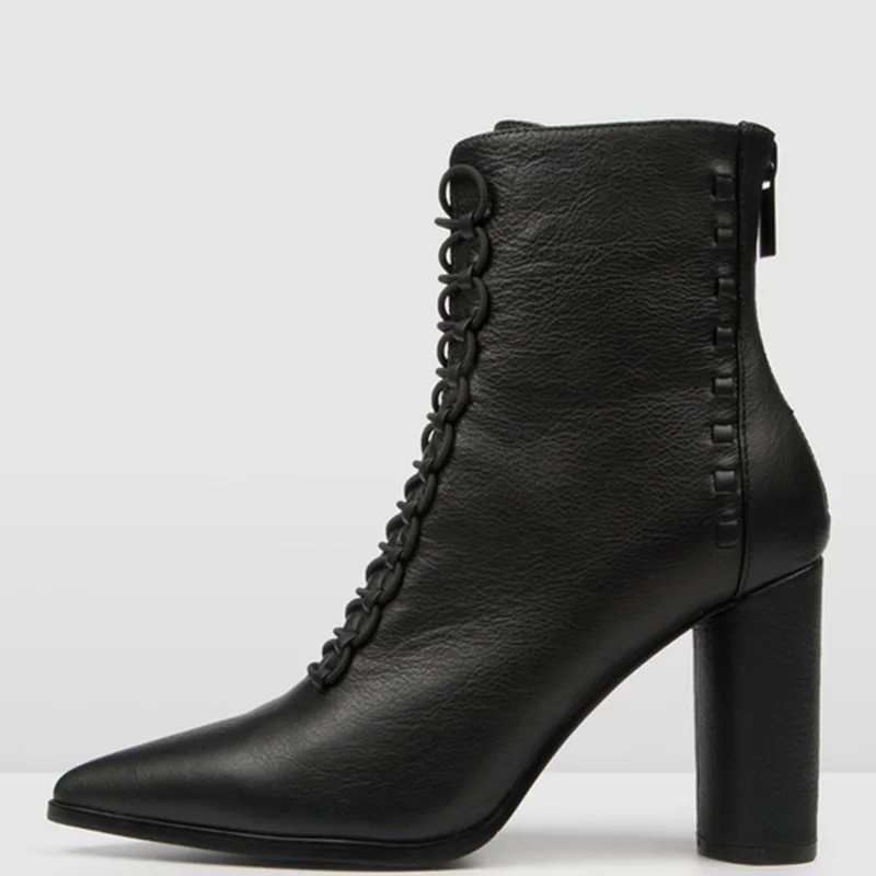 Черные Зимние ботильоны; женские повседневные ботинки с острым носком на высоком квадратном каблуке, на молнии, со шнуровкой; маленькие размеры 3-6