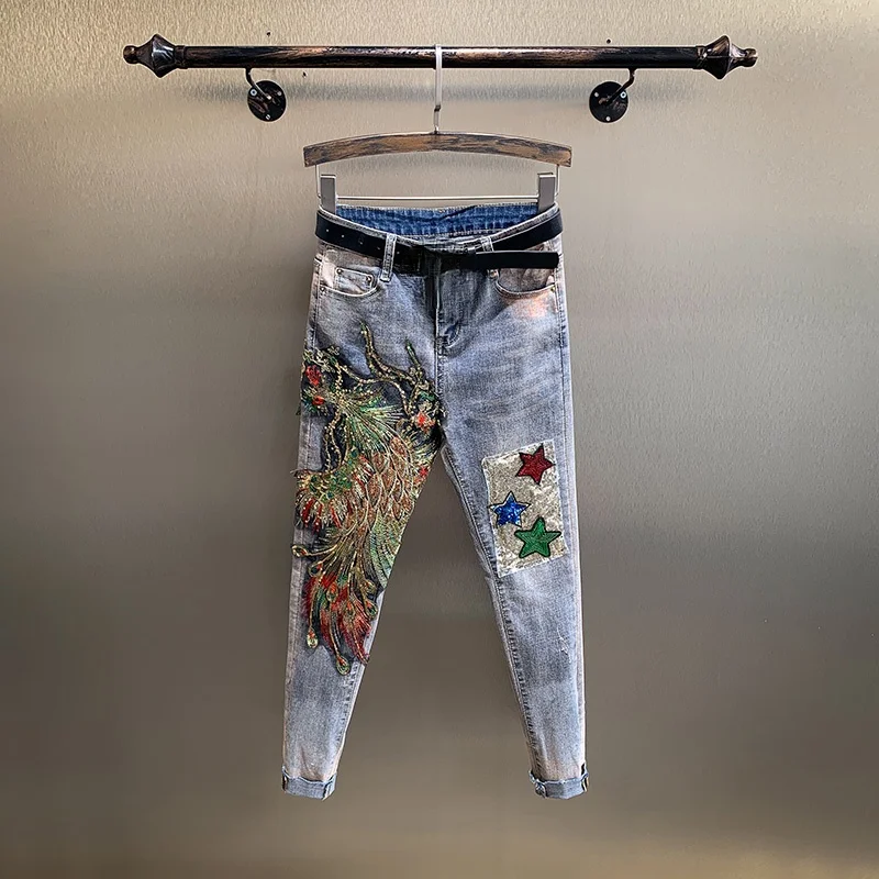 

2021 Spring/Summer Thin Jeans Women's High Waist Embroidered Phoenix Slim Thin Nine Pencil Pants Trend Woman Jeans