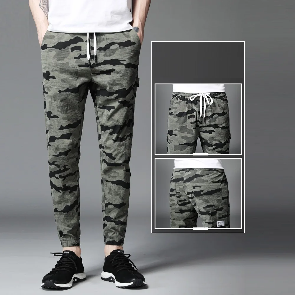 

Summer Thin Ice Silk Camouflage Ankle Length Pants Men's Trousers High Elastic Waist Beam Loose Sports Capri Casual Pants Men