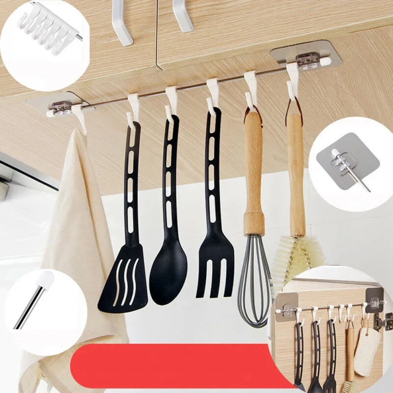 

6 Hooks Self-Adhesive Kitchen Towel Holder Firm Hang Storage Rack Organiser No Drilling Bathroom Door Farewell Messy