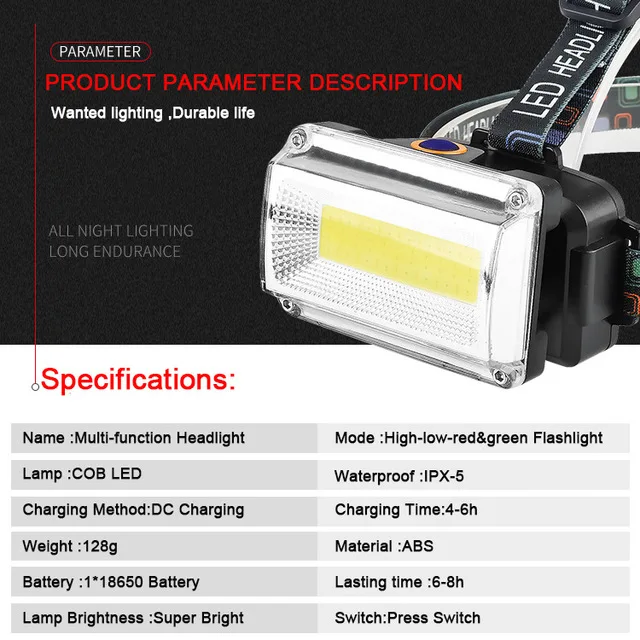 Most Powerfu Headlight Powerful COB LED Headamp Rechargeable Flashlight 18650 Battery Waterproof Hunting Fishing Light Outdoor