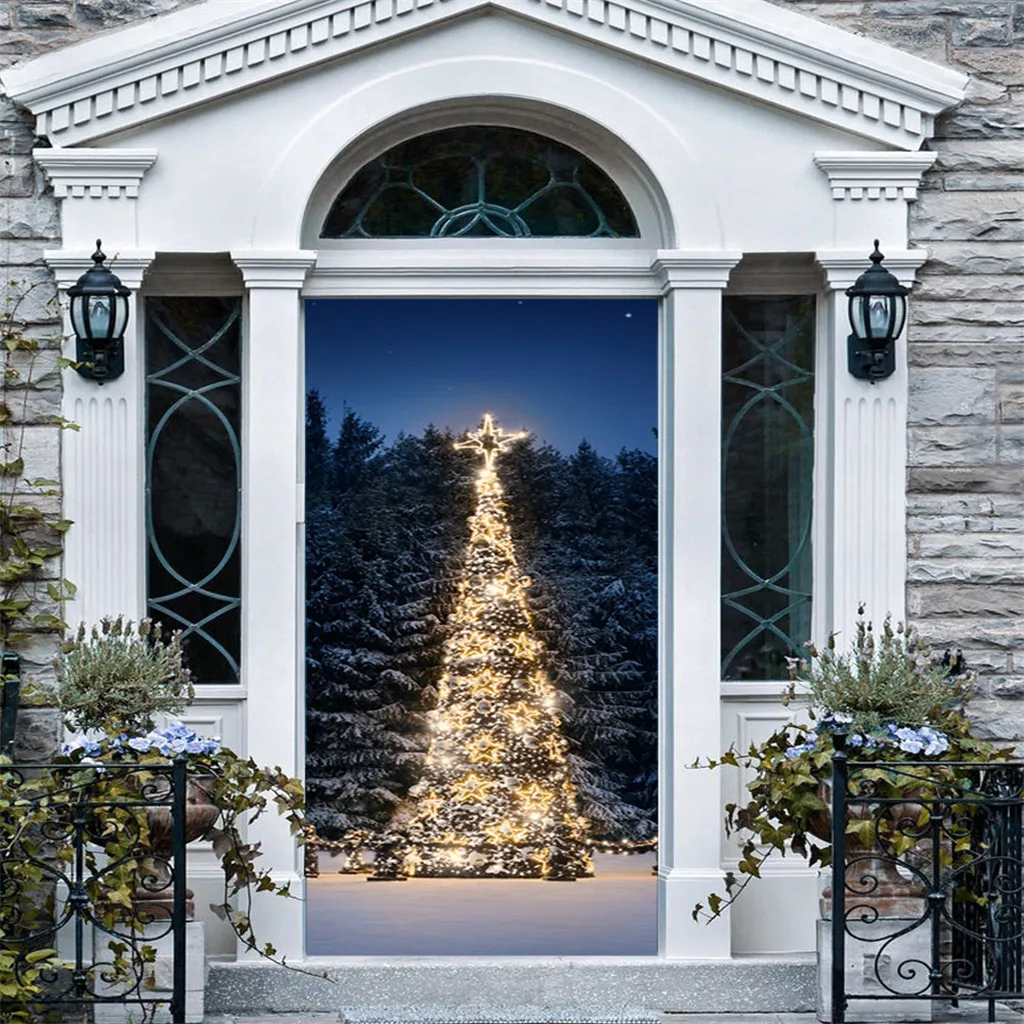 3d Christmas Door Stickers Home Decoration Decals Self-adhesive Door Waterproof Mural Living Room Kids Room Door Decoration