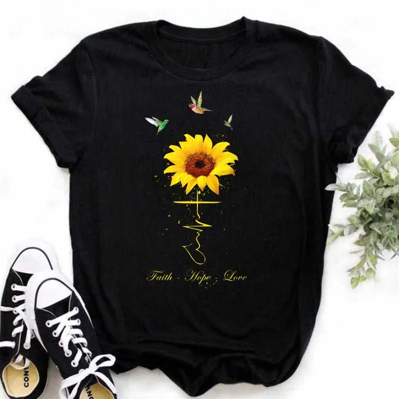 Maycaur Women's T-shirt Casual Kawaii Sunflower Butterfly Pattern Print Tshirt Comfortable Casual Women's Clothing Black Top cheap t shirts