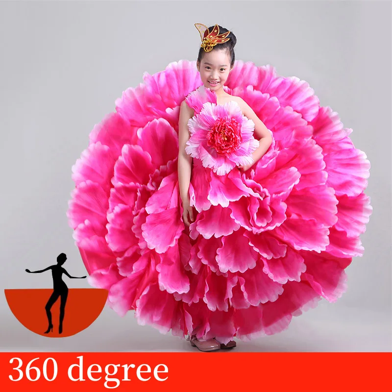 rose red 360 Фламенко детское танцевальное платье Flamengo костюмы; джинсовая куртка для девочек с лепестками испанское платье испанское фламенко одежда для танцоров для выступлений SL1441 - Цвет: rose red 360