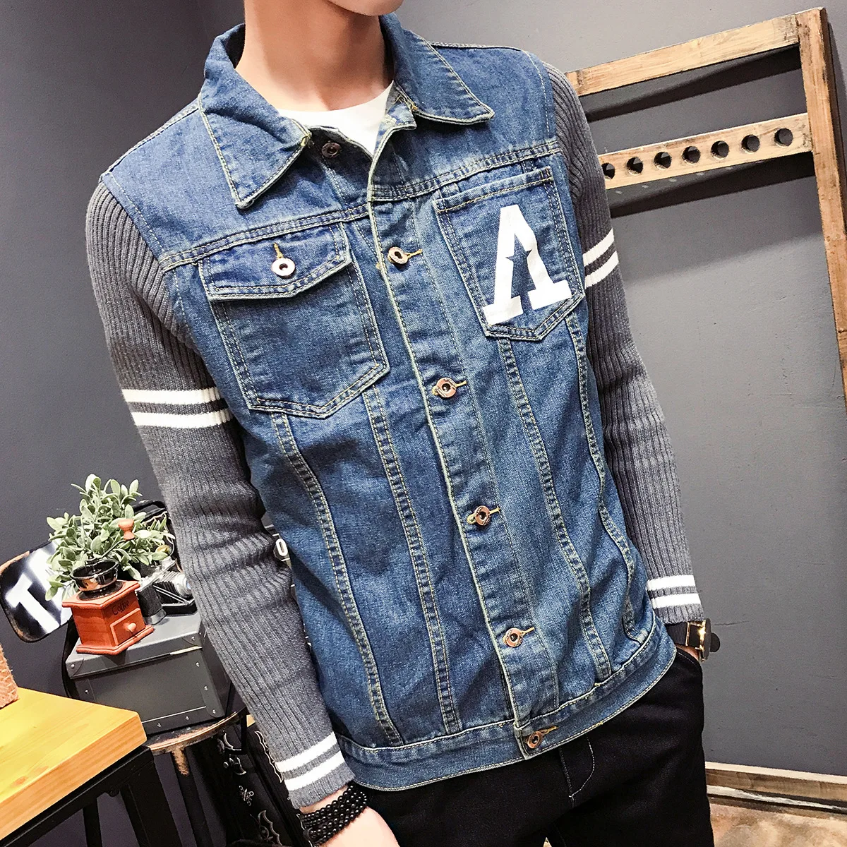 Autumn Clothing New Style Men Cowboy Jacket Printed Joint Knit Sleeve Double Bag Large Size Men'S Wear