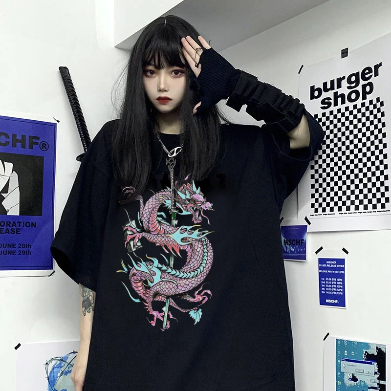 Woman t-shirts harajuku dragon kpop ropa mujer y2k tops korean style oversized t shirt clothes aesthetic vintage femme | Женская одежда