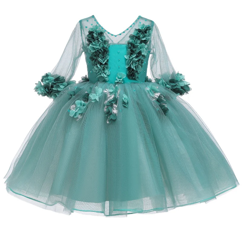 Свадебное платье подружки невесты с v-образным вырезом, украшенное бусинами, с цветочным узором для девочек платье принцессы для дня рождения, праздника, Причастия - Цвет: green