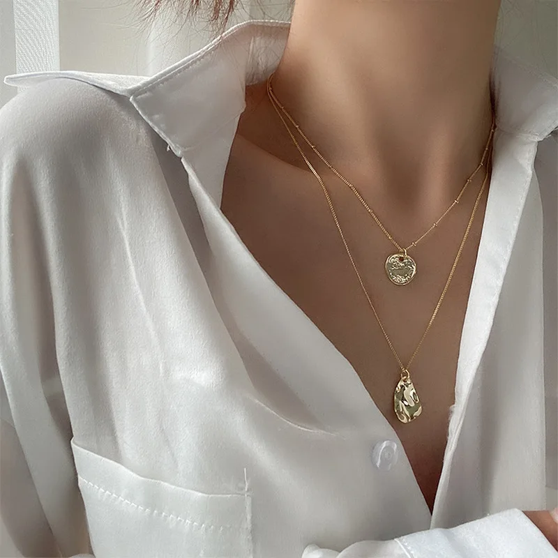Minimalist Multi Layer Hammered Gold Necklaces Circle Coin Irregular Geometric for Women Beads Chain Necklace Jewelry | Украшения и