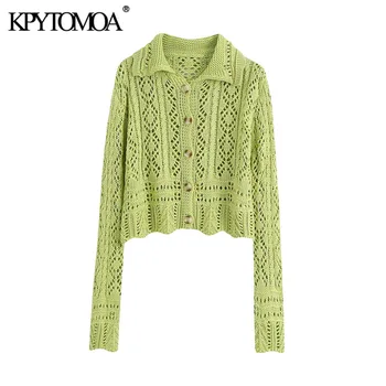 

KPYTOMOA Women 2020 Fashion Hollow Out Cropped Knitted Cardigan Sweater Vintage Long Sleeve Button-up Female Outerwear Chic Tops