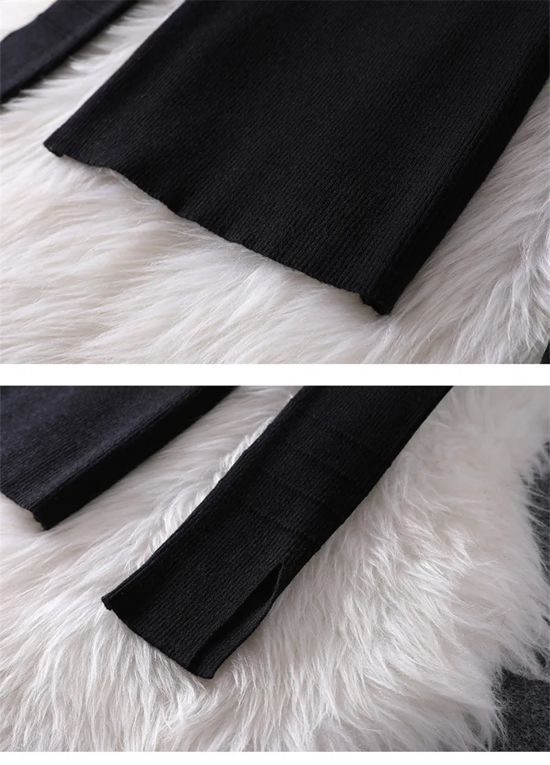 Новое модное женское платье, осенне-зимняя одежда, элегантный черный вязаный свитер с длинным рукавом+ шерстяное платье с клетчатым принтом, 2 шт