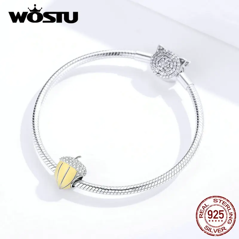 WOSTU, настоящее 925 пробы, серебряные бусинки шишки, желтые эмалированные подвески, подходят к оригинальному браслету, амулеты из серебра 925, ювелирные изделия BKC1319